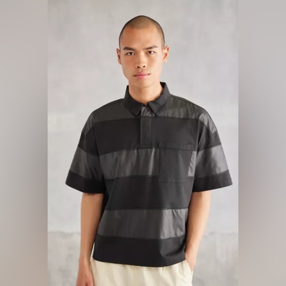 STANDARD CLOTH MEN’S BLACK STRIPED RUGBY SHIRT SZ LG- NWT